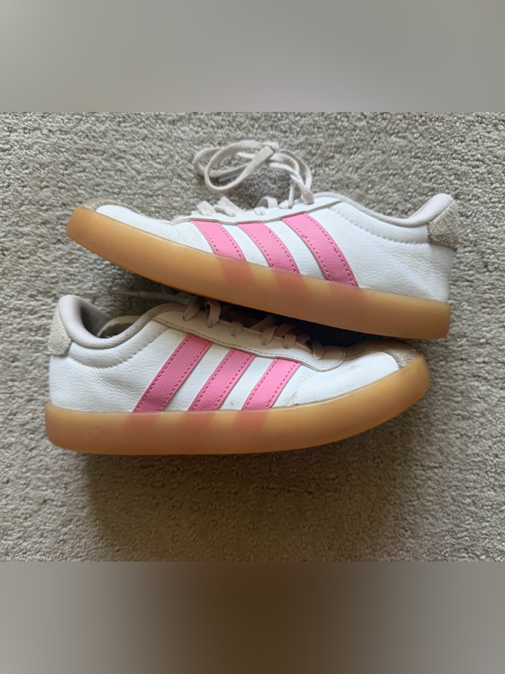 adidas Kids White Sneakers with Pink Stripes and Gum Sole